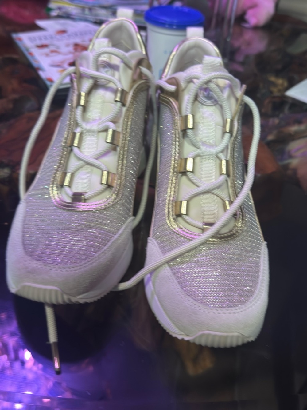 Michael Kors Pearl White Glitter Lace-Up Sneakers with Gold Trim